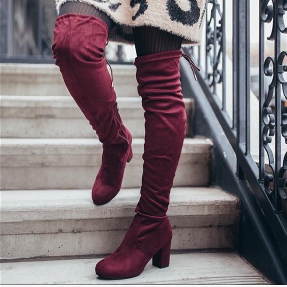 Shoes Shoes - Burgundy Over The Knee Back Lace Kitten Heel Boot